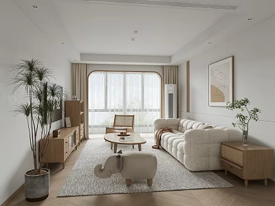 Bright Living Room Interior With White Sofa Wooden Coffee Table And Green Plant 3d model