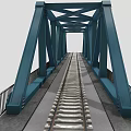 Blue Steel Railway Bridge Structure With Metal Framework And Tracks