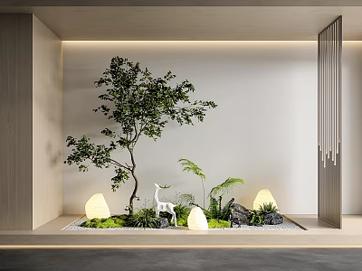 Natural Modern Indoor Landscape With Tree Deer Figurine Green Plants Round Lamps And Pebbles 3d model