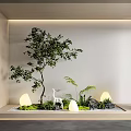 Natural Modern Indoor Landscape With Tree Deer Figurine Green Plants Round Lamps And Pebbles