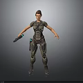 Futuristic Female Character In Tech Suit Holding Blaster Against Gray Background