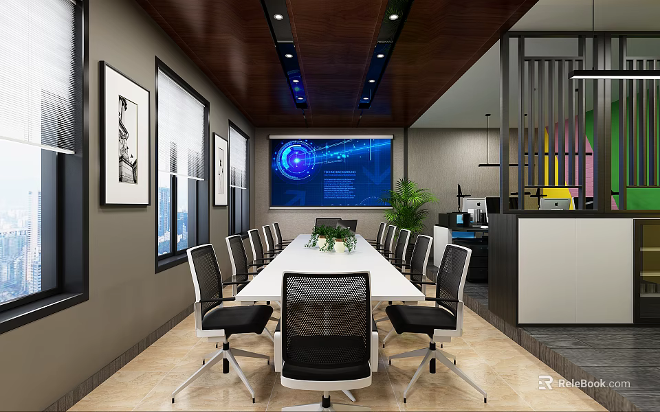 Modern Conference Room With Long Table Black Chairs Blue Tech Screen Lights Plant And Windows 3d model 