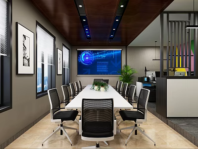 Modern Conference Room With Long Table Black Chairs Blue Tech Screen Lights Plant And Windows 3d model