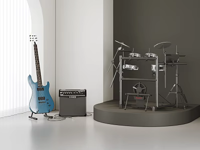 Electric Guitar Amplifier And Drum Set On Gray Display Stand With White Wall Arch Window 3d model
