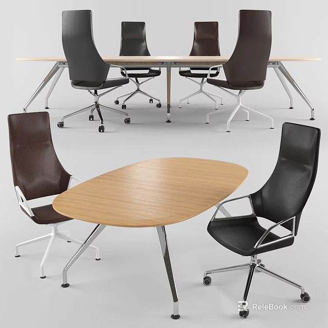 Elegant Oval Conference Table With Wooden Top And Leather Wheeled Chairs 3d model 