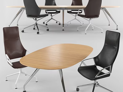 Elegant Oval Conference Table With Wooden Top And Leather Wheeled Chairs 3d model