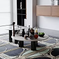 Modern Interior Scene With Round Coffee Tables Glass Bottles Fruits And Geometric Carpet