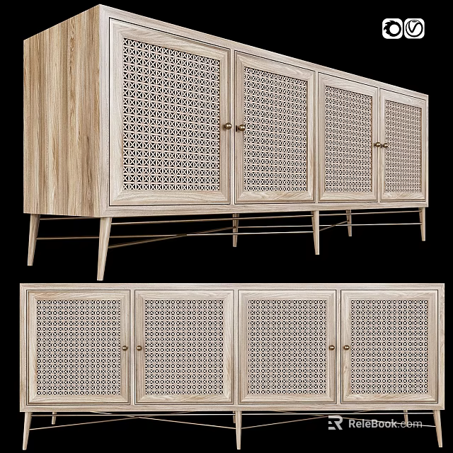 Wooden Sideboard Cabinet With Rattan Weave Doors And Metal Legs Modern Storage Design 3d model 