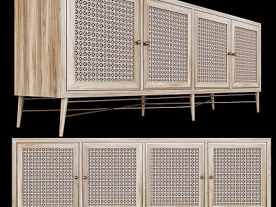 Wooden Sideboard Cabinet With Rattan Weave Doors And Metal Legs Modern Storage Design 3d model