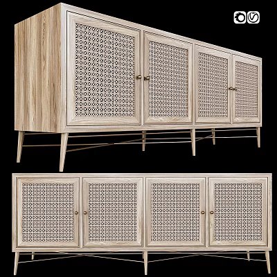 Wooden Sideboard Cabinet With Rattan Weave Doors And Metal Legs Modern Storage Design 3d model