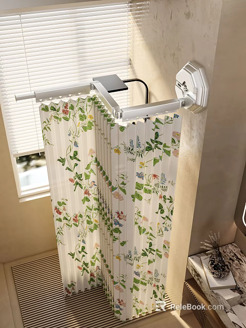 White Floral Curtain With Colorful Flowers And Curtain Rod Near Window 3d model 