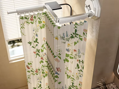 White Floral Curtain With Colorful Flowers And Curtain Rod Near Window 3d model