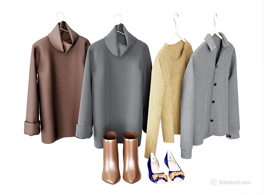 Stylish Clothes With Turtleneck Sweaters Knit Tops Button Down Shirts Brown Boots And Blue Shoes 3d model 