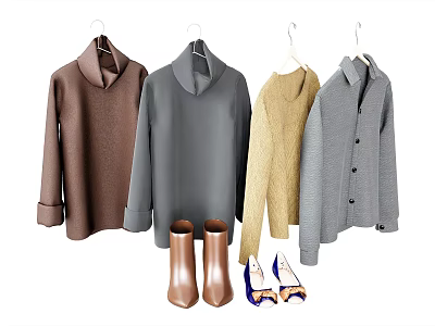 Stylish Clothes With Turtleneck Sweaters Knit Tops Button Down Shirts Brown Boots And Blue Shoes 3d model