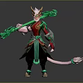 Horned Mythical Character 3D Model With Elaborate Green Staff Red Green Outfit And Pink Tail