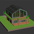 Two Story House With Gray Roof Large Windows And Wooden Balcony On Green Lawn