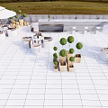 Rooftop Garden With White Tiled Floor Round Planters Green Shrubs White Umbrellas And Mountain Backdrop