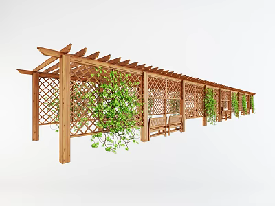 Wooden Pergola With Lattice Design Green Vines And Bench Seating 3d model