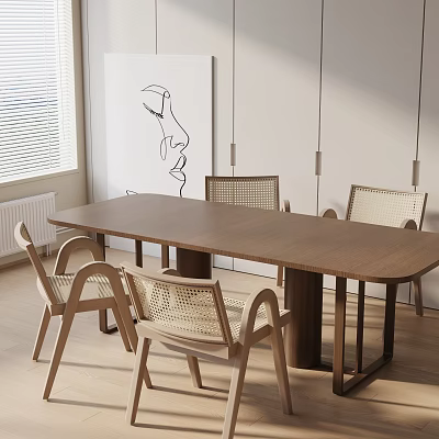 Modern Minimalist Dining Table Set With Wooden Top And Woven Rattan Chairs 3d model