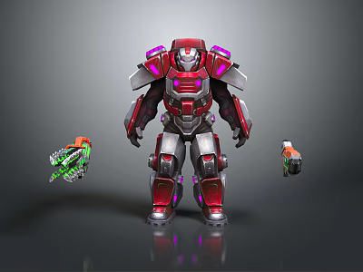 Red And Silver Mech Character Standing With Glowing Purple Accents And Weapons 3d model