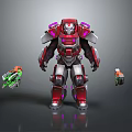 Red And Silver Mech Character Standing With Glowing Purple Accents And Weapons