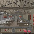 Traditional Restaurant Interior With Wooden Ceiling Stone Pillars Round Tables And Red Lantern Pendant Lights