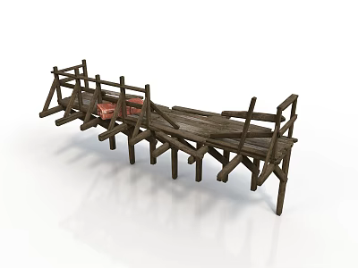 Rustic Wooden Bridge With Railings Planks And Red Items In Countryside 3d model