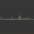 Cartoon Countryside Scene with Green Grass Small Houses Windmills Path and White Fence
