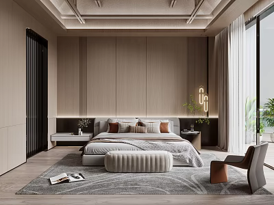 Modern Bedroom Interior Design With Recessed Ceiling Bed Nightstands Rug And Accent Chair 3d model