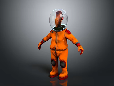 Game And Movie Character With Orange Spacesuit Transparent Helmet Creature Head And Torn Patches Design 3d model