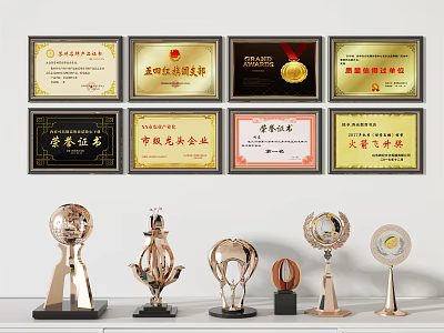 Decorative Trophies and Medals with Gold Accents and Elegant Designs for Recognition 3d model