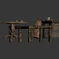Rustic Interior Wooden Table With Food Trays Clay Jar And Chest Drawers