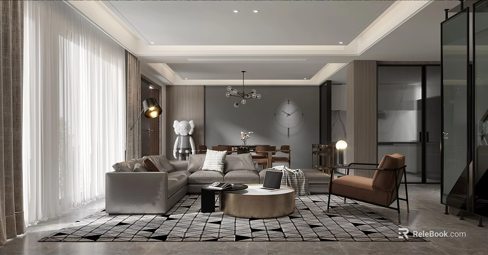 Modern Luxury Living and Dining Room Interior With Sofa Dining Table And Chandelier 3d model 