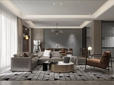 Modern Luxury Living and Dining Room Interior With Sofa Dining Table And Chandelier 3d model