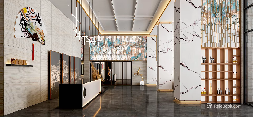 Luxurious Hotel Lobby Interior With Marble Walls Front Desk Art Decor And Modern Pendant Lights 3d model 