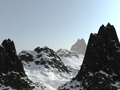 Snowy Mountain Landscape With Rocky Peaks Snow Covered Slopes And Clear Sky 3d model