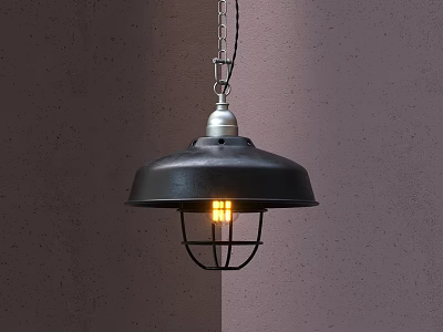 Industrial Black Pendant Light With Metal Cage Lit Bulb Hanging On Gray Wall 3d model