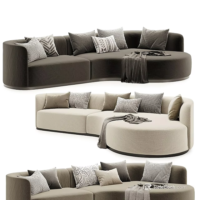 Modern Curved Sectional Sofa Dark Brown And Beige Upholstered With Patterned Pillows And Throw Blanket 3d model 