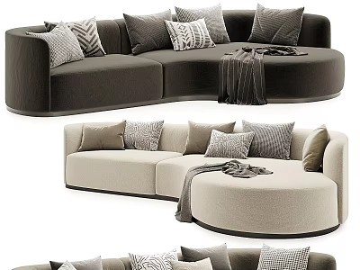 Modern Curved Sectional Sofa Dark Brown And Beige Upholstered With Patterned Pillows And Throw Blanket 3d model