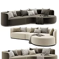 Modern Curved Sectional Sofa Dark Brown And Beige Upholstered With Patterned Pillows And Throw Blanket