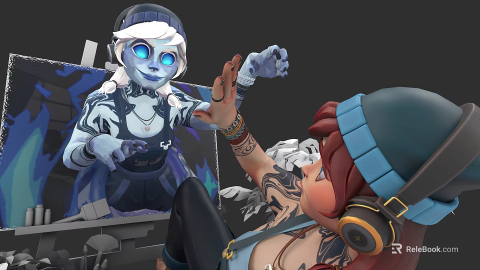 Two Women Interacting Blue Skinned Character Waving Hands Near Red Haired Girl With Headphones Tattoos 3d model 