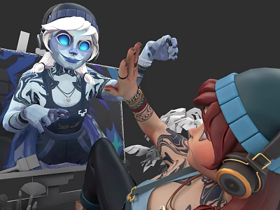 Two Women Interacting Blue Skinned Character Waving Hands Near Red Haired Girl With Headphones Tattoos 3d model