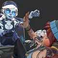 Two Women Interacting Blue Skinned Character Waving Hands Near Red Haired Girl With Headphones Tattoos