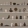 Modern Minimalist Decorative Ornament Set on Shelves with Neutral Tones including Sculptures Vases Animal Figures