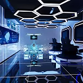 Modern Hi tech Exhibition Hall With LED Screens Futuristic Lighting Circular Platform And Digital Backdrop
