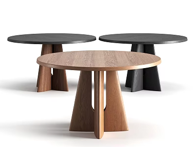 Three Modern Round Dining Tables With Wooden And Black Unique Base Design 3d model