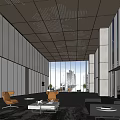 Modern Lobby Reception Area With Black Front Desk Large Windows And Wooden Perforated Ceiling