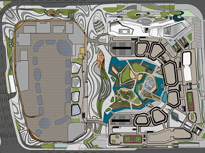 Plaza Landscape Design Featuring Green Spaces Pathways Water Features And Buildings 3d model