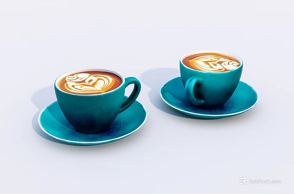 Teal cups with latte art holding coffee on saucers against light background 3d model 