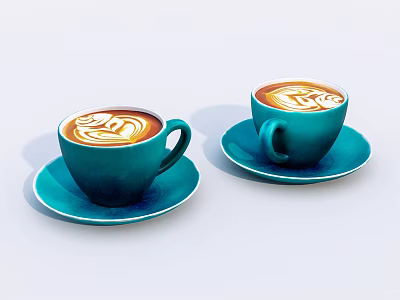 Teal cups with latte art holding coffee on saucers against light background 3d model